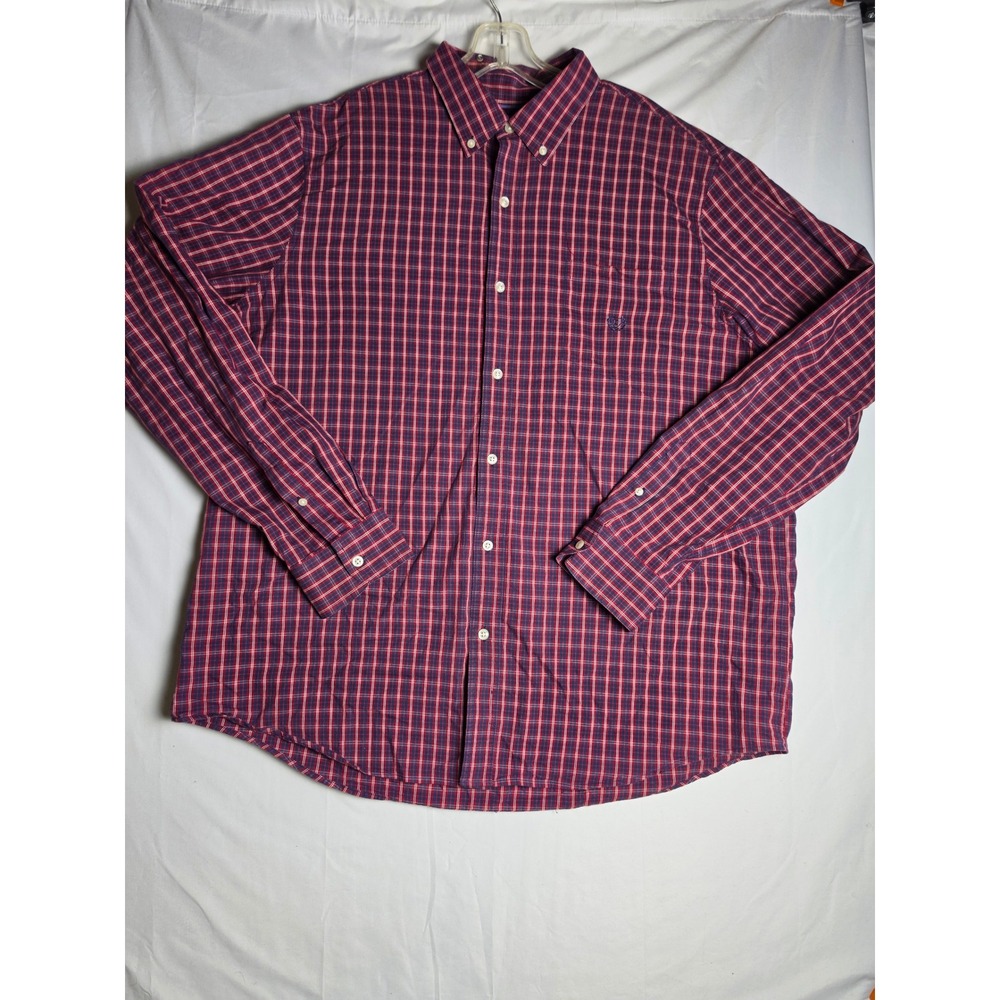 Chaps Mens XXL Red Blue Plaid Stretch Easy Care Button Down Shirt Long Sleeve